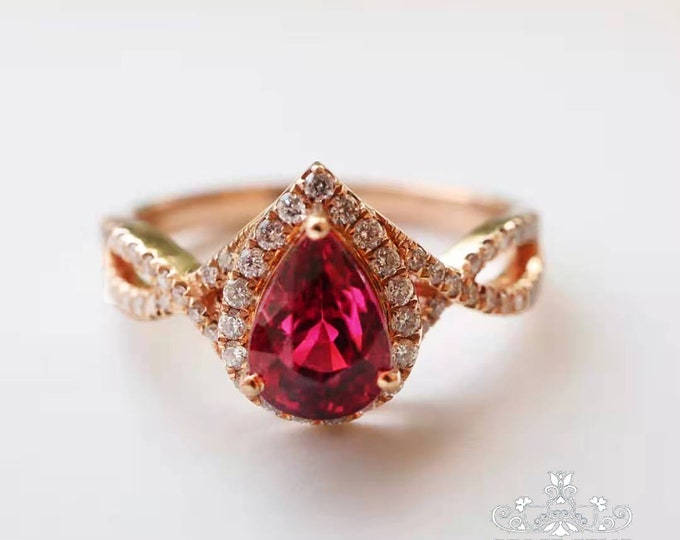 18k/14k gold 1.1 C natural tourmaline engagement wedding ring with diamonds/Art Deco/Raw tourmaline ring/Halo eternity/ Promise gift for her