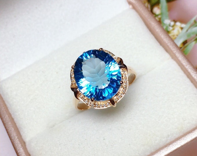 18  Rose Gold London Blue Topaz Ring with Diamonds/Natural Topaz Blue Gems ring/one of a kind wedding engagement ring/Art Deco handmade
