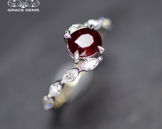 18K white Gold Ruby Ring/Natural Certified Untreated oval ruby/Halo Band Vintage Handmade Fine jewelry ring for women/Boho cocktail ring
