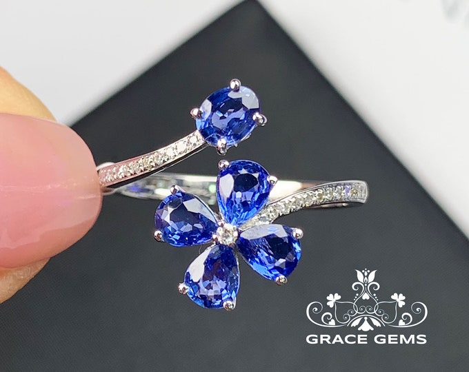 Multi-stone flower 18k14k white gold sapphire engagement ring with natural diamonds/Blue gemstone/Vintage Antique/Art Deco/Dainty Celtic