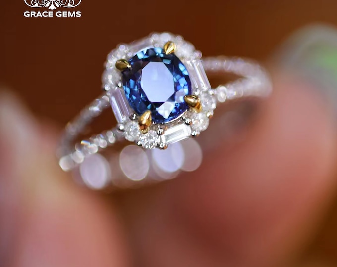 18k/14k solid white gold natural untreated royal blue sapphire engagement ring with diamonds/Vintage Antique/Handmade Art Deco/Celtic Unique