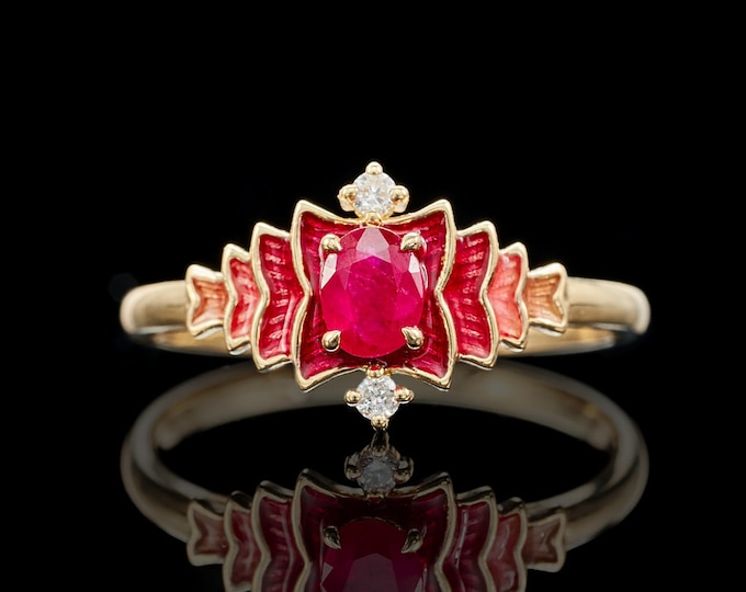 18K Rose Gold Enamel Natural Ruby Ring/Certified Unheated ruby/Diamond Halo ruby vintage Handmade jewelry/Bridal  Edward Victoria Art Deco