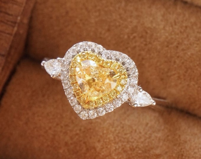 High end GIA yellow diamond engagement ring/18k white gold diamond halo heart diamond ring/Unique hand amde art deco yellow diamond ring