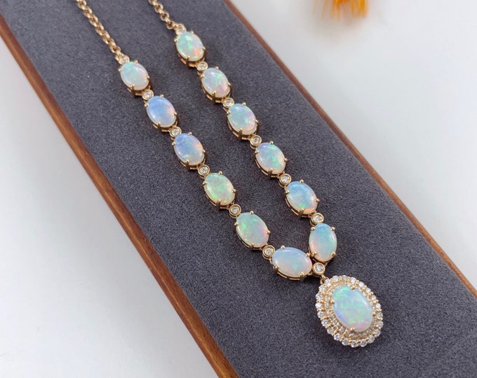 18K Solid Rose Gold Multi-stone Natural Australian Opal Pendant & Diamonds/Raw Boulder Opal Necklace/One of a Kind/Unique gift for mom/Her