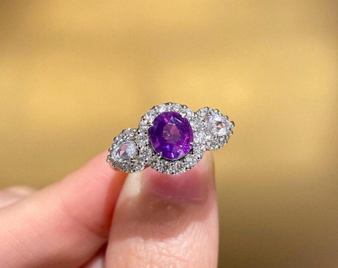 Natural purple sapphire Padparadscha ring in 18k white gold/Genuine pink sapphire engagement wedding ring/Diamond halo purple sapphire ring