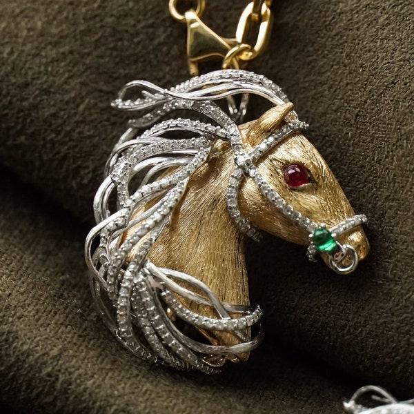 Unique luxurious hand made horse pendant/Emerald ruby pendant in 18k solid gold/Diamond accent animal pendant/One of a kind custom pendant