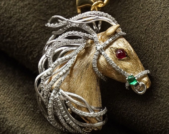 Unique luxurious hand made horse pendant/Emerald ruby pendant in 18k solid gold/Diamond accent animal pendant/One of a kind custom pendant