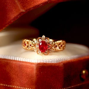 18k Gold Ruby Engagement Ring: Vintage Halo Diamond ruby ring/,high end gift,everyday luxury,custom fine ruby,ethically sourced ruby