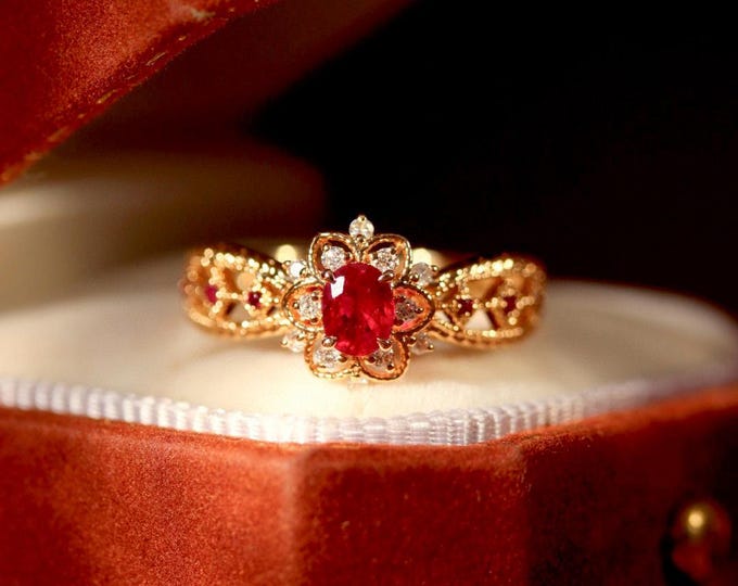 18k solid gold ruby engagement ring/halo ruby gold ring diamond/Vintage ruby ring/Natural untreated ruby ring/Antique ruby ring women gift