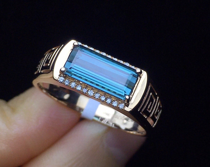 18k rose gold blue tourmaline ring/Rare color tourmaline and diamond engagement ring/one of a kind ring/Art Deco/Vintage men's band/Antique