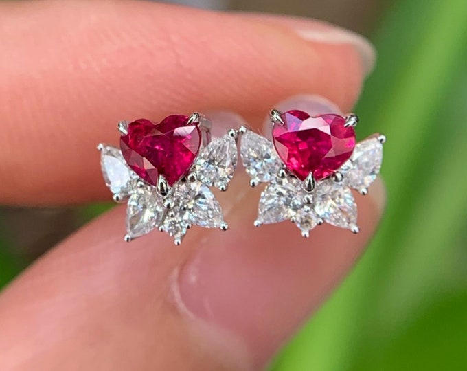 18k white gold natural Mozambique ruby studs with diamonds/genuine heart ruby studs/Handmade halo earrings/Unique vintage ruby studs