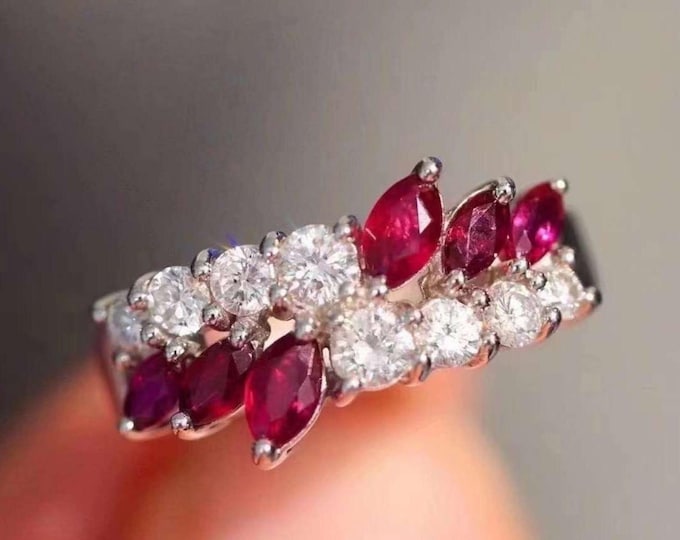 18k white gold real ruby Ring/Natural ruby and diamond Ring/handmade ruby engagement ring/vintage Art Deco ruby ring women/Unique ruby ring