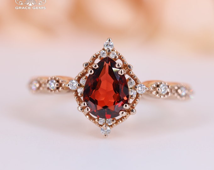6X8mm 18k Solid Gold Twig Garnet Engagement garnet ring/Top quality pigeon Blood red garnet twig/Antique Vintage Art Deco/Handmade bridal