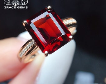 18k/14k rose gold genuine garnet engagement wedding ring/cocktail Rectangle emerald cut Garnet stacking/Bohemian Garnet/Pigeon Blood band