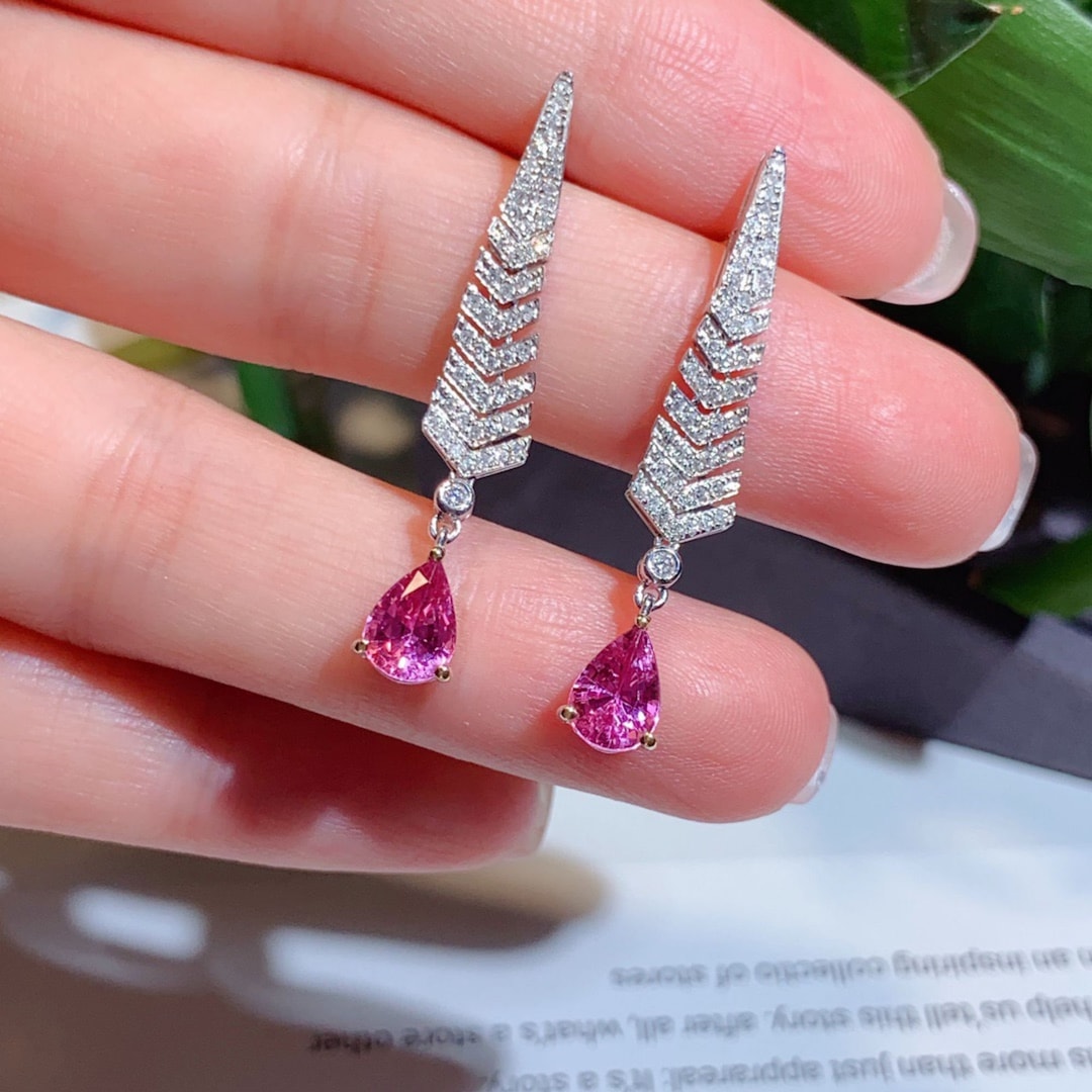 18k White Gold Pink Sapphire Dangle Earrings: Natural Untreated Gemstone 