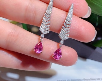 18k White Gold Pink Sapphire Dangle Earrings: Natural Untreated Gemstone pink sapphire dangle earrings/custom art deco pink sapphire earring