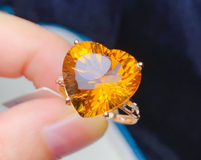 18k rose gold natural Citrine engagement wedding ring with diamonds/Genuine Citrine Promise ring/Gift for her/Birthday gift/Birthstone ring