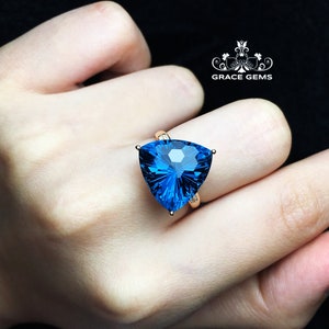 18k gold triangle brilliant London blue Topaz engagement wedding ring with diamonds/Topaz gemstone made/one of a kind gift/Art Deco/Mother