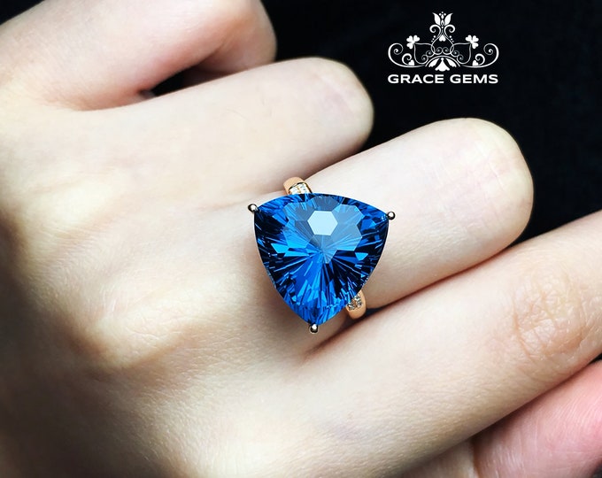 18k gold triangle brilliant London blue Topaz engagement wedding ring with diamonds/Topaz gemstone made/one of a kind gift/Art Deco/Mother