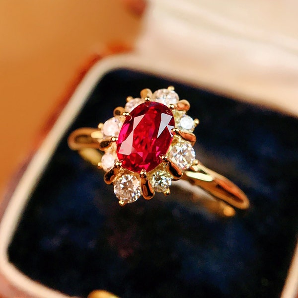 Unique vintage oval Mozambique ruby engagement ring/18k rose gold ruby diamond ring/art deco ruby ring/Real ruby trendy ring/antique ruby