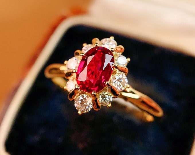 Unique vintage oval Mozambique ruby engagement ring/18k rose gold ruby diamond ring/art deco ruby ring/Real ruby trendy ring/antique ruby