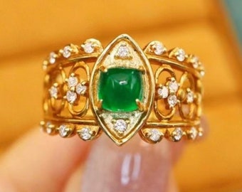 18k Solid Gold Natural Zambia Emerald Engagement ring with diamonds/Vintage Unique custom Delicate promise ring/Bridal ring for her wedding