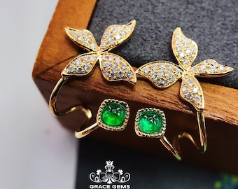 Handmade 18k Emerald Stud Earrings: Victorian Diamond Flower studs/emerald luxury jewelry, gift for her emerald, fine gold emerald clips
