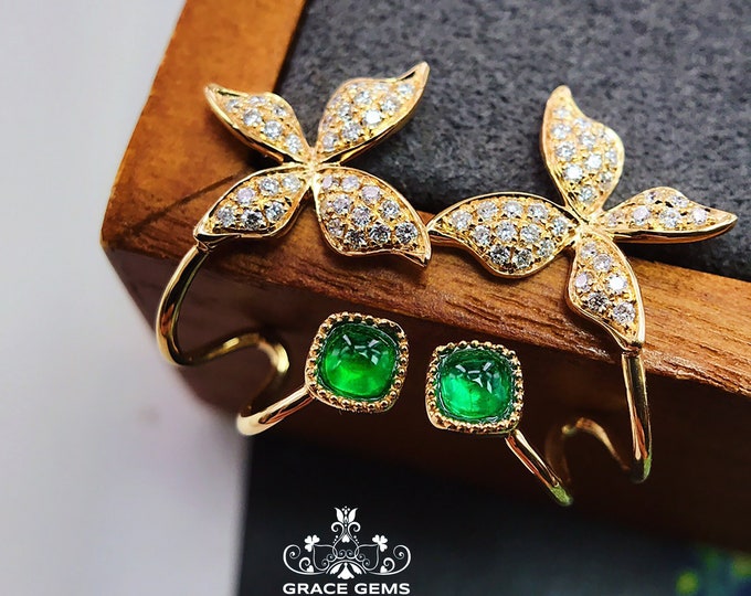 18k Rose gold flower natural emerald earrings/One of a kind diamond emerald studs/Push back Dainty emerald studs /Her handmade jewelry gift