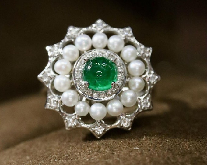 Unique 18k white gold Emerald pearl Ring/Engagement Wedding Ring/Real Emerald promise ring/Handmade Jewelry for her birthday anniversary