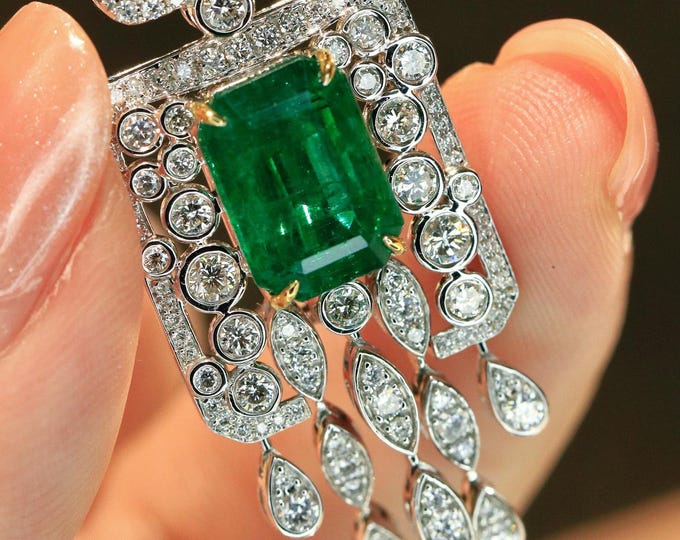 Handmade 18k Gold Natural Emerald Brooch Pendant: Diamond, Emerald/high end Jewelry gift, everyday luxury, custom fine emerald, birthday