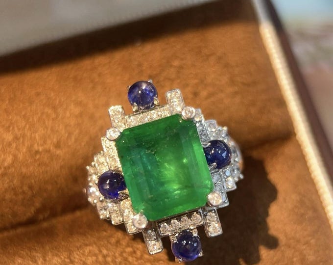 Emerald Cut Emerald ring with sapphire Halo - 18k gold statement emerald luxury jewelry, gift for her emerald, fine gold emerald.