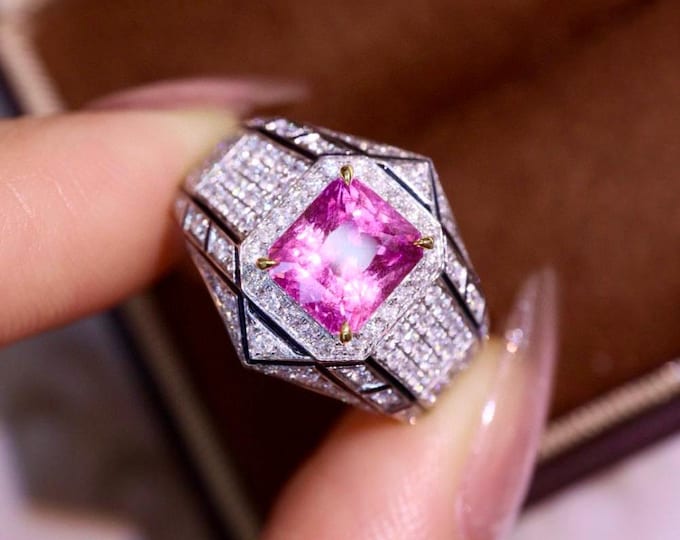 Certified Natural High End Padparadscha Natural Pink Sapphire Engagement Ring in 18k white Gold & Diamond/Art Deco handmade custom fine ring