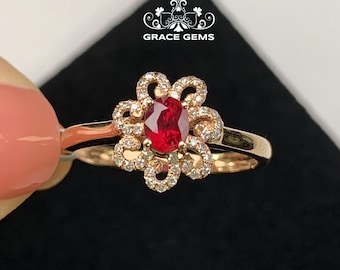 18k Rose Gold Natural Ruby Ring/Certified Pigeon Blood Ruby Ring with Diamonds/Engagement Wedding Ring/One of a kind promise gift for her