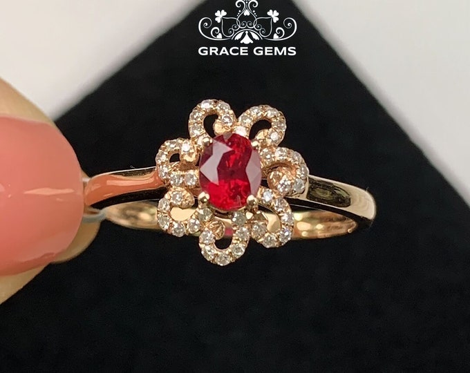 18k Rose Gold Natural Ruby Ring/Certified Pigeon Blood Ruby Ring with Diamonds/Engagement Wedding Ring/One of a kind promise gift for her