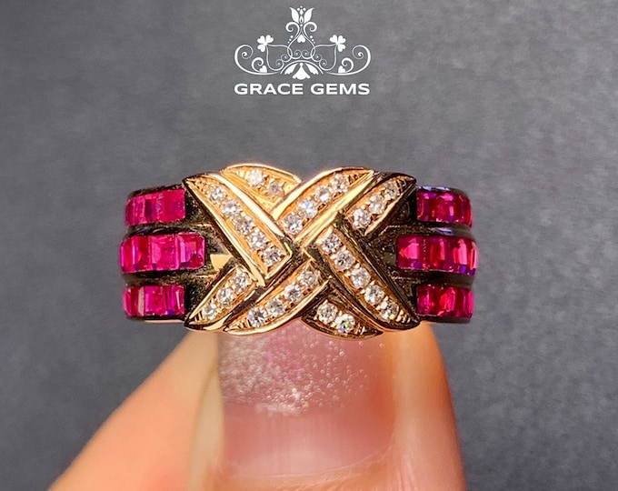 18K Rose Gold ruby ring/Natural Engagement Ring with Diamonds/halo ruby wedding ring/Vintage Handmade jewelry ring for women Bridal set/boho