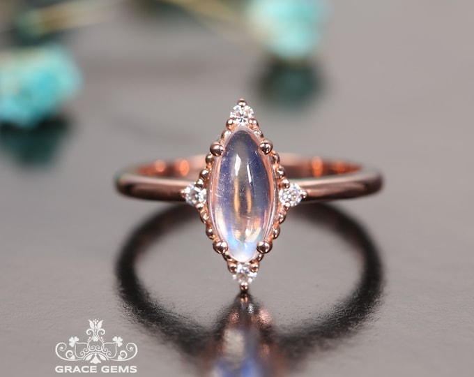 18k Marquise Moonstone Engagement Ring/Eternity halo diamond band/5X10mm Color change Gem Wedding ring/Vintage Antique Edward/Handmade women