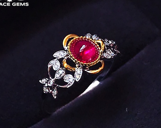 18K white Gold ruby ring/Diamond halo split band/Edward Mediterranean Vintage Handmade ring for women/14k gold bombe ring/promise specialty 