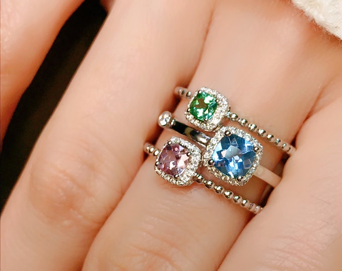 Cluster Aquamarine Morganite Tourmaline 18k rose gold ring with diamond band and halo/Engagement Wedding Ring Set/Unique Bridal set/Promise