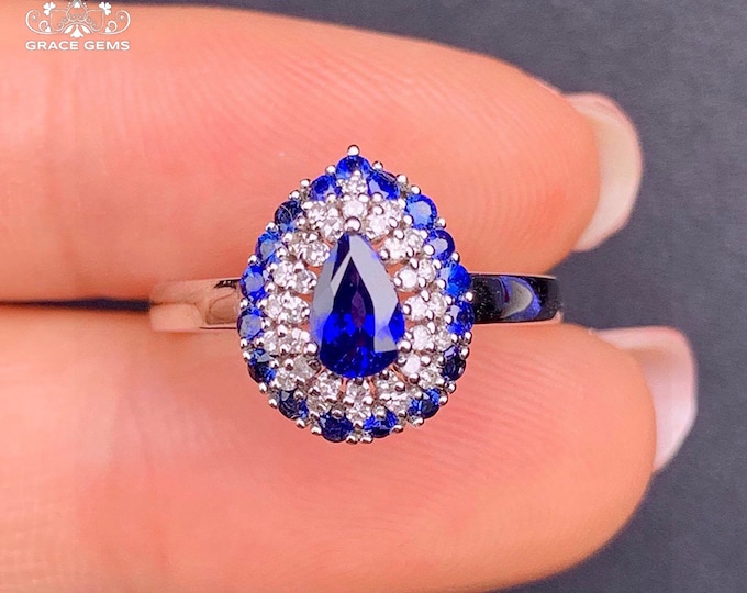 18k Solid white Gold Pear Natural sapphire rings/Engagement ring with accent diamonds/celestial ring/Bridal Handmade Stacking Couple Jewelry