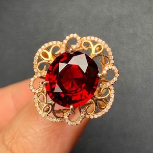 Art Deco 18k Solid Rose Gold Huge Genuine Pigeon Blood Garnet Ring/Garnet Engagement ring with Diamonds/Unique garnet ring/Antique garnet