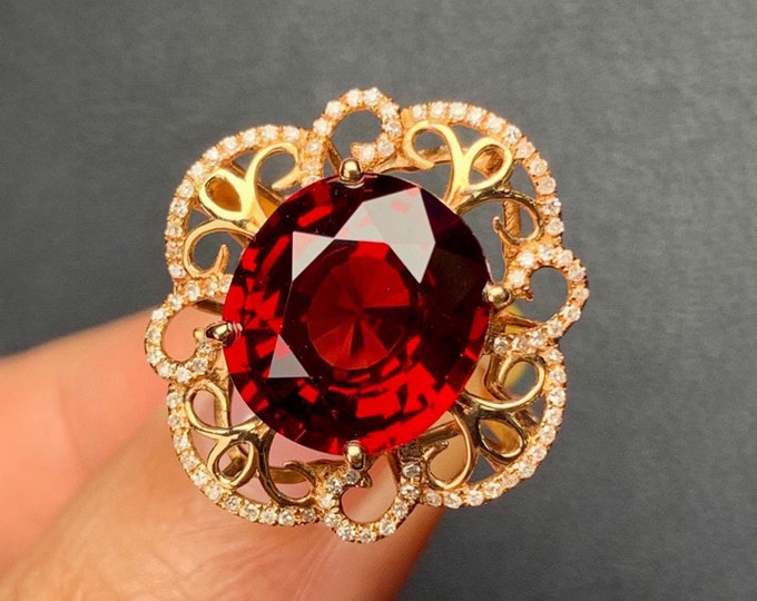 Art Deco 18k Solid Rose Gold Huge Genuine Pigeon Blood Garnet Ring/Garnet Engagement ring with Diamonds/Unique garnet ring/Antique garnet