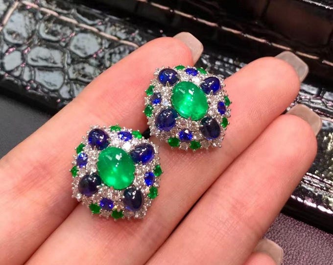 18k white gold Zambia natural cabochon emerald studs with sapphire/Multi-stone emerald earrings with diamonds/Unique Birthstone Anniversary