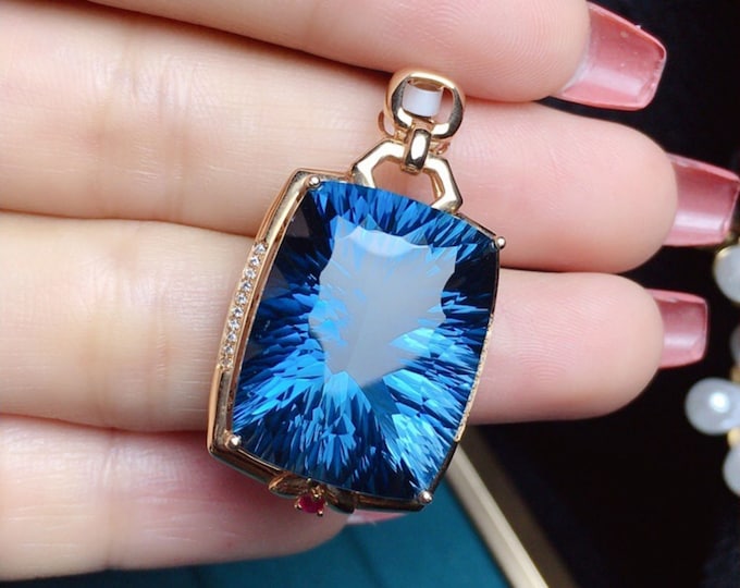 Unique Natural London Blue Topaz Pendant in 18k solid Rose Gold with ruby and diamonds/Anniversary Birthday Choker/Best Friend gift for her