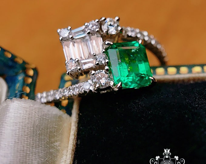 18k Multi-stone Genuine Emerald ring/Cluster Certified Emerald Engagement Wedding Ring with diamond/Vintage Celtic promise gift for her/Halo