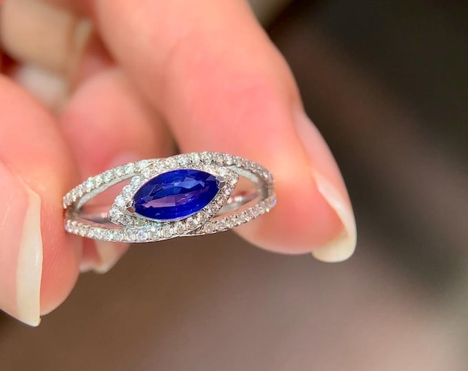 Luxury Marquise natural royal blue sapphire diamond rings/Art deco 18k white gold Engagement ring/Custom September birthstone jewelry