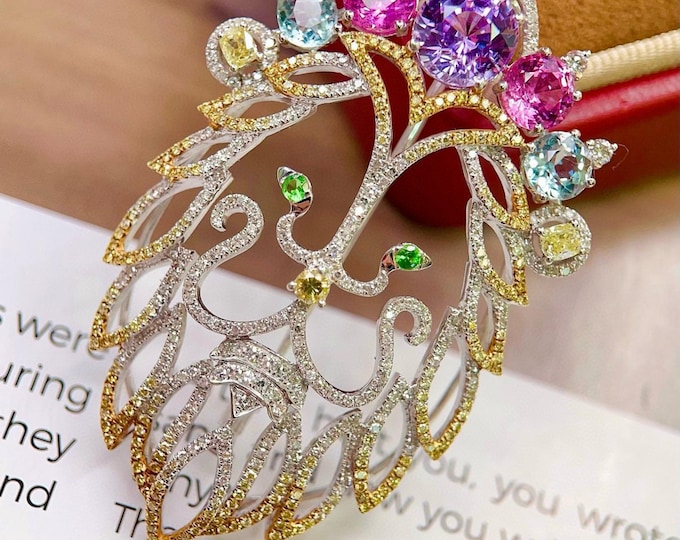 Luxurious 18k solid gold genuine pink sapphire yellow diamond lion brooch/Natural padparadscha sapphire brooch/Unique gold lion jewelry gift