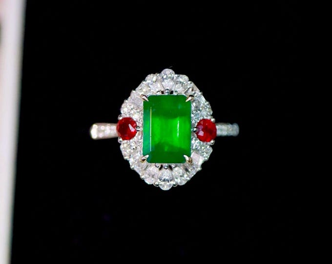 Unique natural emerald ruby engagement ring/Real emerald and gold ring/Rustic diamond emerald gold ring/Chunky gold and emerald ring jewelry