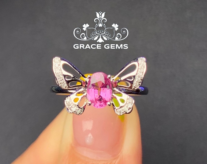 18k white gold natural pink sapphire ring/Pink sapphire engagement ring/Minimalist sapphire ring/Dainty sapphire ring/Butterfly sapphire