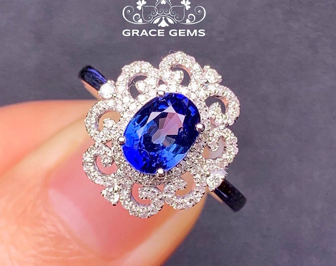 18k white gold natural genuine sapphire ring/mid-century style natural sapphire ring with diamonds band/halo handmade wedding ring for her