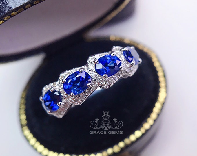 18k/14k white gold multi-stone natural certified sapphire engagement ring with diamonds/Blue gemstone/Vintage Antique/Art Deco/Boho Celtic